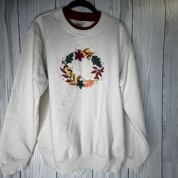 Vintage 90s Country Store Autumn Thanksgiving Wreath Pullover Grandma Cottage M - Picture 1 of 6